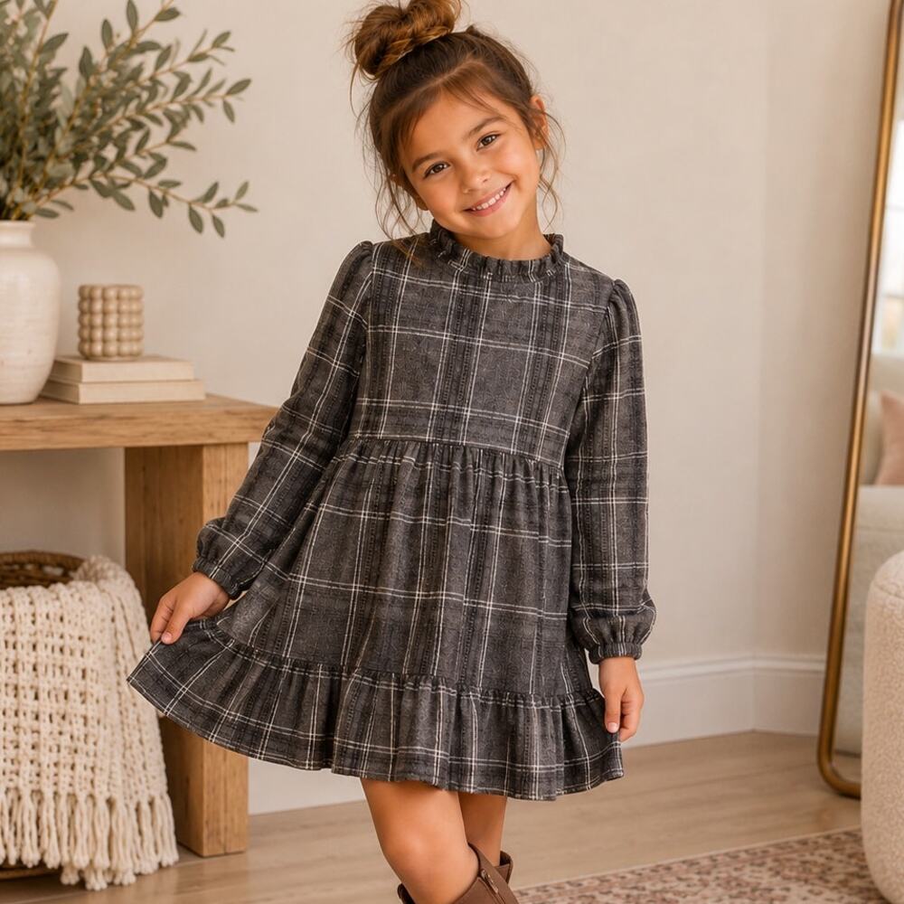 Cat & Jack Flannel Gingham Girls Tiered Dress Size 5T